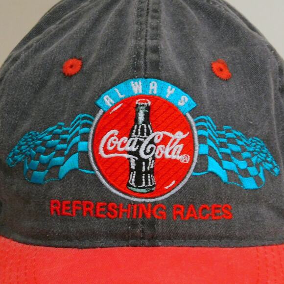 Vintage Coca Cola Hat Refreshing Races Flag Embroidery Adjustable Gray Red 90s - Picture 2 of 7